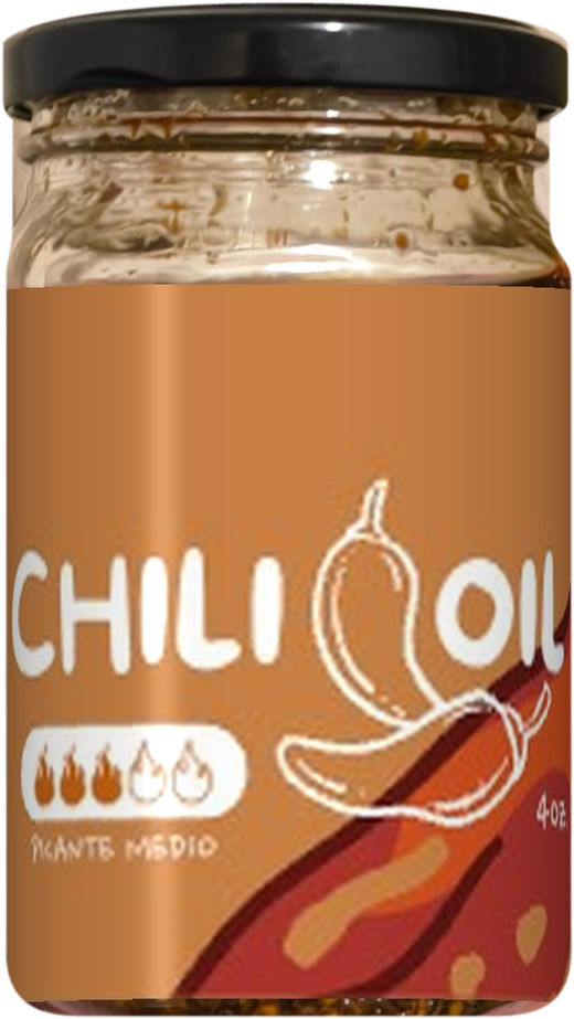 Frasco de chilli oil Momo con su etiqueta: chili oil, picante medio