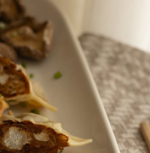 Gyozas doradas a la sartén en un plato blanco